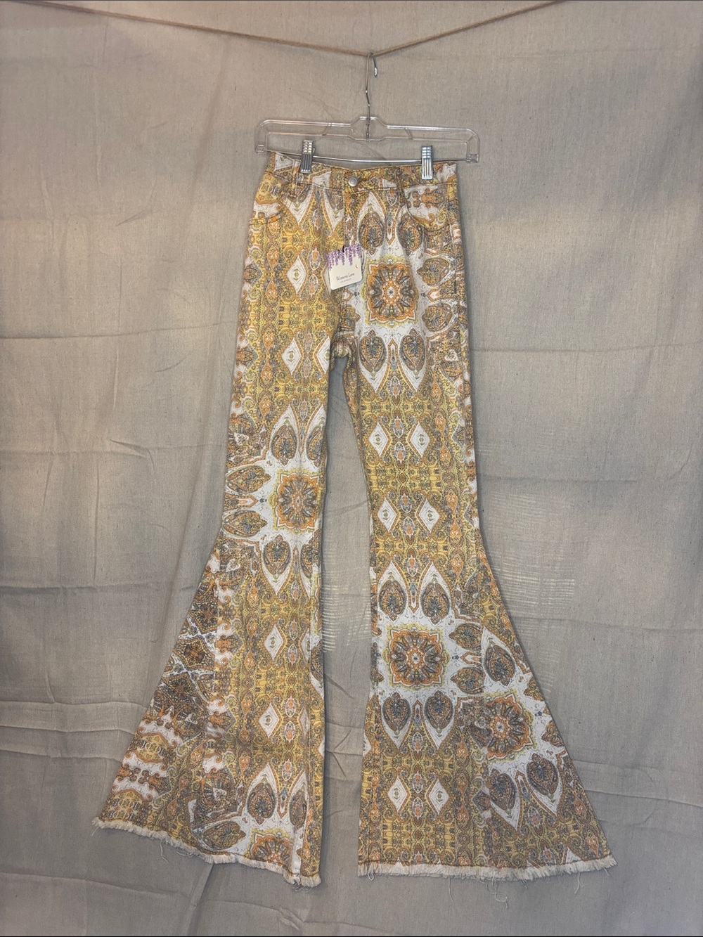 Boho Wide Leg Flare Jeans in Mustard Paisley